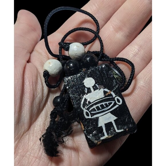 Vintage Terra Cotta Black And White Primitive Person Pendant Necklace - Picture 5 of 10